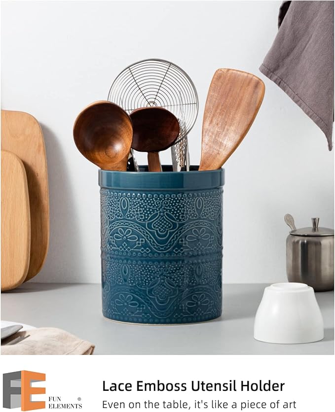 Fun Elements Kitchen Utensil Holder, 7.2" Super Large Utensil Crock Heavy and Stable Lace Emboss Ceramic Utensil Holder for Kitchen Counter (Grayish Blue) - Image 2