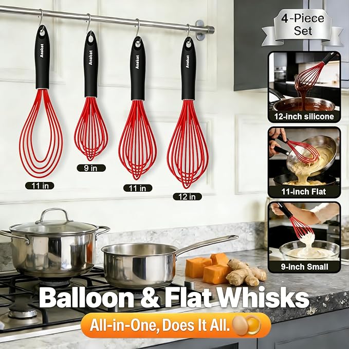 Anaeat Silicone Kitchen Whisk Set of 4, Perfect for Non-Stick Cookware, Milk and Egg Beater Blender for Whisking, Cooking, Baking, Beating - 11'' Flat Whisk and 9''+11''+12'' Balloon Whisks (Red) - Image 7