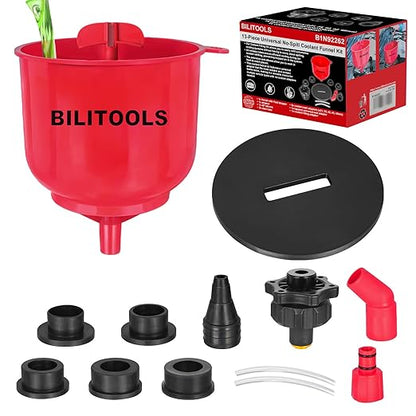 BILITOOLS Universal Coolant Funnel Kit - 13PCS No-Spill Radiator Flush & Burping Funnel Kit with 6 Adapters, Leak-Proof & Air Bleeding Radiator Fill Funnel, Thickened Set for Most Cars