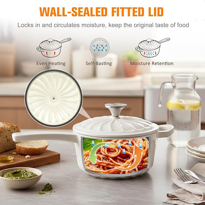 Enameled Cast Iron Sauce Pan, 2 Quart Saucepan with Lid, Small Cast Iron Pot Enamel Saucepan for Cooking Pasta Sauce, Gravy, Puddings, Marinate, Boiling (White)