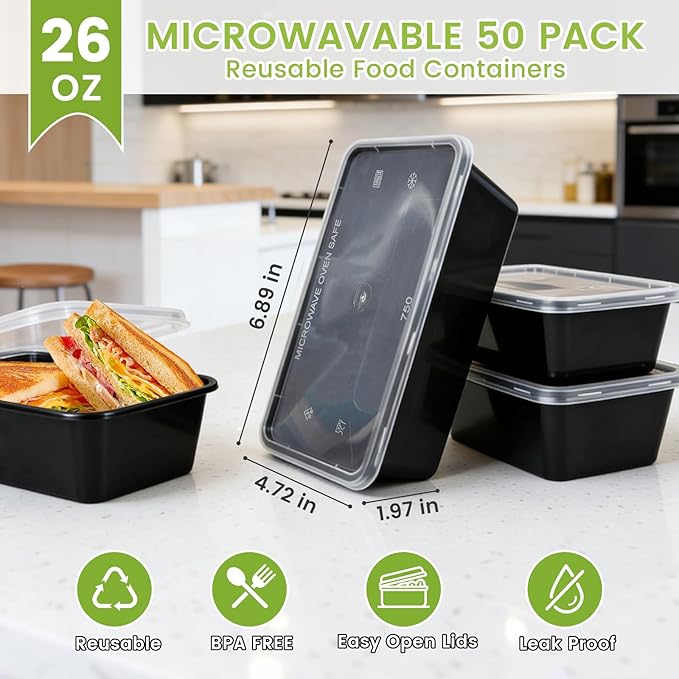 50-Pack Meal Prep Containers, 26 OZ Microwavable Reusable Food Containers with Lids for Food Prepping, Disposable Lunch Boxes, Plastic Food Boxes- Stackable, Freezer Dishwasher Healthy - Image 2