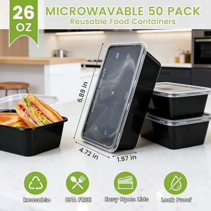 50-Pack Meal Prep Containers, 26 OZ Microwavable Reusable Food Containers with Lids for Food Prepping, Disposable Lunch Boxes, Plastic Food Boxes- Stackable, Freezer Dishwasher Healthy - Image 2