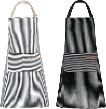 Tosewever 2 Pieces Kitchen Cooking Aprons, Cotton Polyester Blend Adjustable Bib Aprons with 2 Pockets for Women Men Chef Chef (Navy/Black Stripes, 2)