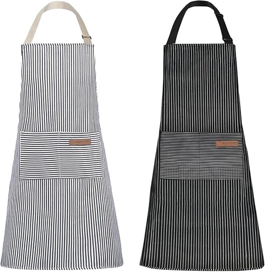 Tosewever 2 Pieces Kitchen Cooking Aprons, Cotton Polyester Blend Adjustable Bib Aprons with 2 Pockets for Women Men Chef Chef (Navy/Black Stripes, 2)