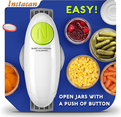 INSTACAN Electric Jar Opener for Seniors with Arthritis, One Touch Automatic Jar Opener for Weak Hands, Easy Open Standard & Vacuum Sealed Kitchen Jars, Auto-Off Design (White)