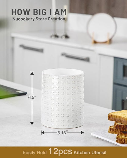 Nucookery 6.4'' Utensil Holder - Ceramic Utensil Holder for Kitchen Counter, Large Capacity Countertop Storage, Farmhouse Style Utensil Crock Organizer for Spoons, Spatulas & Cooking Tools - Image 2