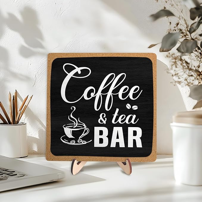 Coffee Bar Sign Plaque Decor,Cafe Station Accessorie for Office,Rustic Wooden Tabletop Plaque with Stand, Minimalist Farmhouse Kitchen Counter Sign ,Cute Mini Café Bar Decor Gift ,Coffee & Tea Bar Decor Signs 5.9x5.9Inch (Black&Grown) - Image 3