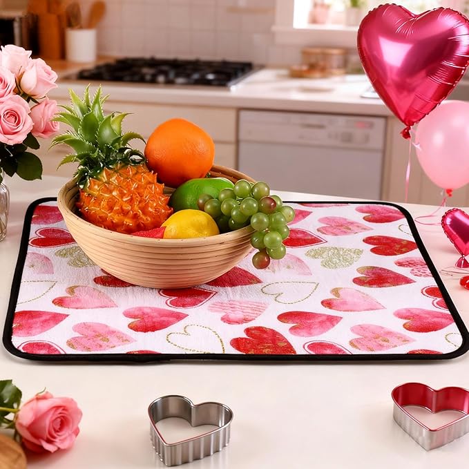 Breling Valentine's Day Dish Drying Mat Valentine Kitchen Dry Mat Absorbent Hearts Table Dishes Pad Red Pink Protect Tableware Kitchen Accessories for Home Decor, 16 x 18.4 Inches