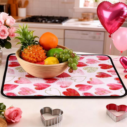 Breling Valentine's Day Dish Drying Mat Valentine Kitchen Dry Mat Absorbent Hearts Table Dishes Pad Red Pink Protect Tableware Kitchen Accessories for Home Decor, 16 x 18.4 Inches