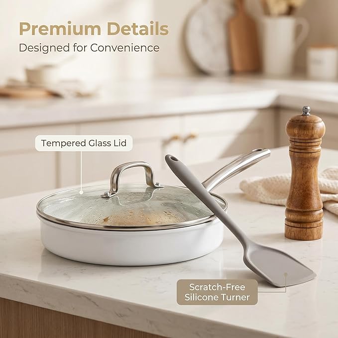 5Pcs Nonstick Cookware Set, Aluminum Nonstick Pots and Pans with Glass Lids, All Stovetops Compatible, Non-toxic Healthy Kitchen Cooking Sets, PFAS and PFOA Free