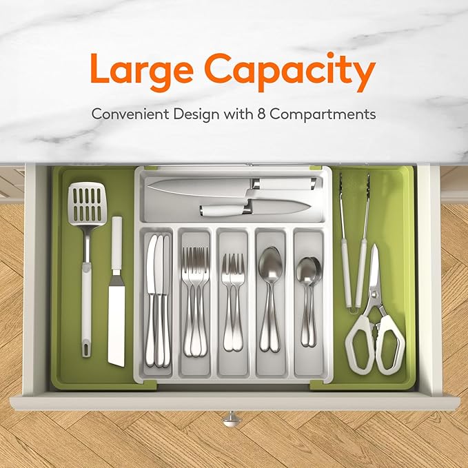 Lifewit Silverware Drawer Organizer, Expandable Utensil Tray for Kitchen, BPA Free Flatware and Cutlery Holder, Adjustable Plastic Storage for Spoons Forks Knives, 13-22 x 15", Green&White - Image 2