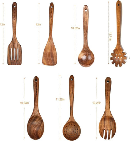 Teak Wooden Kitchen Utensil Set - 7Pcs Wooden Cooking Utensils Including Spatula - Image 2