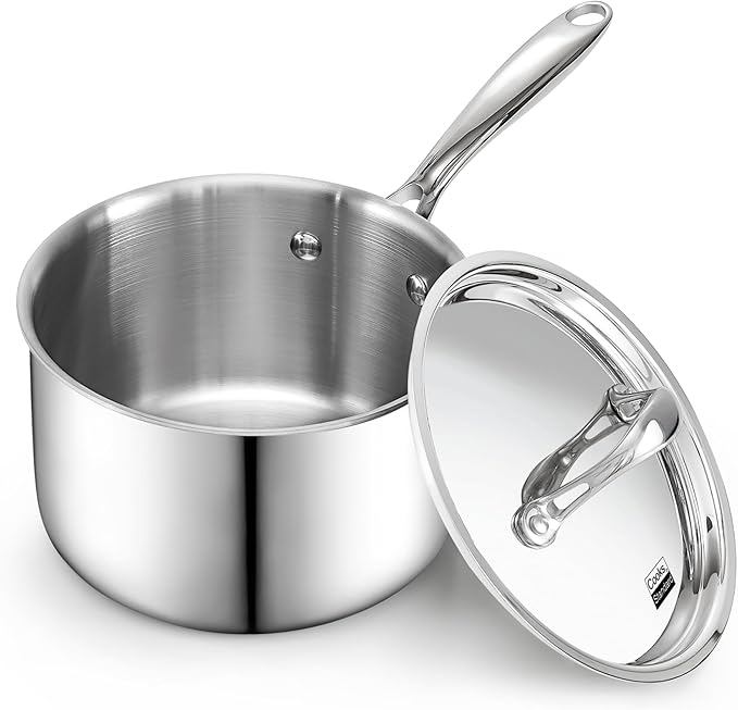 Cooks Standard Stainless Steel Sauce Pan with Lid, 3 Quarts Tri-Ply Clad Saucepan, Small Kitchen Induction Pot, Dishwasher & Oven Safe, Compatible with All Cooktops