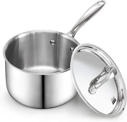 Cooks Standard Stainless Steel Sauce Pan with Lid, 3 Quarts Tri-Ply Clad Saucepan, Small Kitchen Induction Pot, Dishwasher & Oven Safe, Compatible with All Cooktops
