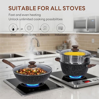 NEWBULIG 17-Piece Nonstick Cookware Set, Non-Toxic Pots and Pans with Stay-Cool Handles, Induction Compatible Cookware, PFAS & PFOA-Free, Black