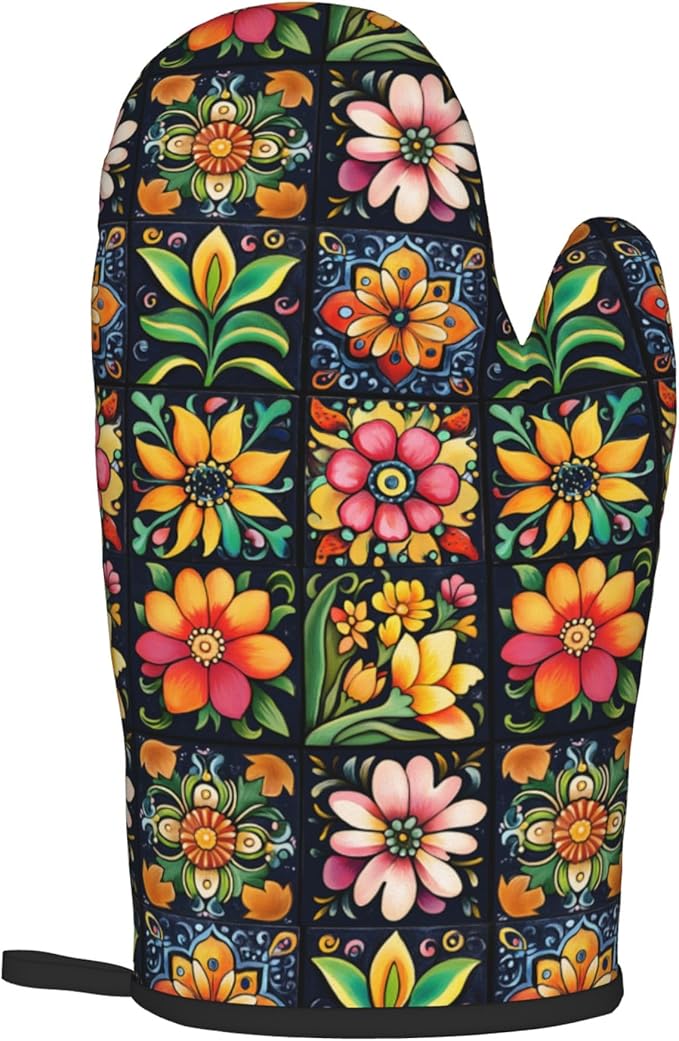 Mexican Oven Mitts and Pot Holders - Colorful Flowers Kitchen Mitt Sets of 2 Boho Oven Gloves Hot Pads for Cooking Baking Grilling - Image 8