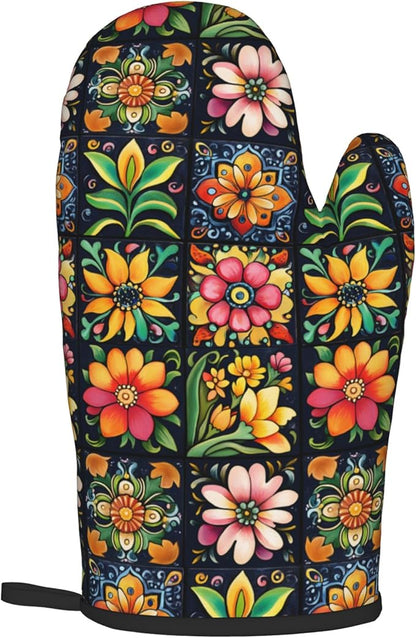 Mexican Oven Mitts and Pot Holders - Colorful Flowers Kitchen Mitt Sets of 2 Boho Oven Gloves Hot Pads for Cooking Baking Grilling - Image 8