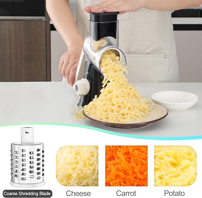 Ourokhome Rotary Cheese Grater Hand Crank, Kitchen Shredder Speed Mandolin Slicer Nuts Grinder with Handle and Drum Blades for Cheese, Vegetable, Walnut, Chocolate, Potato, Carrot, 3 Blades, Black - Image 3