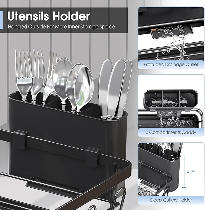 Urackify Dish Drying Rack for Kitchen Counter, Sink Dish Rack with Drainboard 12.2" W x 16.5" L, Large Dish Drainer with Cutlery Holder, Home Countertop Plate Dryer Storage Rack, Black - Image 5