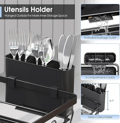 Urackify Dish Drying Rack for Kitchen Counter, Sink Dish Rack with Drainboard 12.2" W x 16.5" L, Large Dish Drainer with Cutlery Holder, Home Countertop Plate Dryer Storage Rack, Black - Image 5