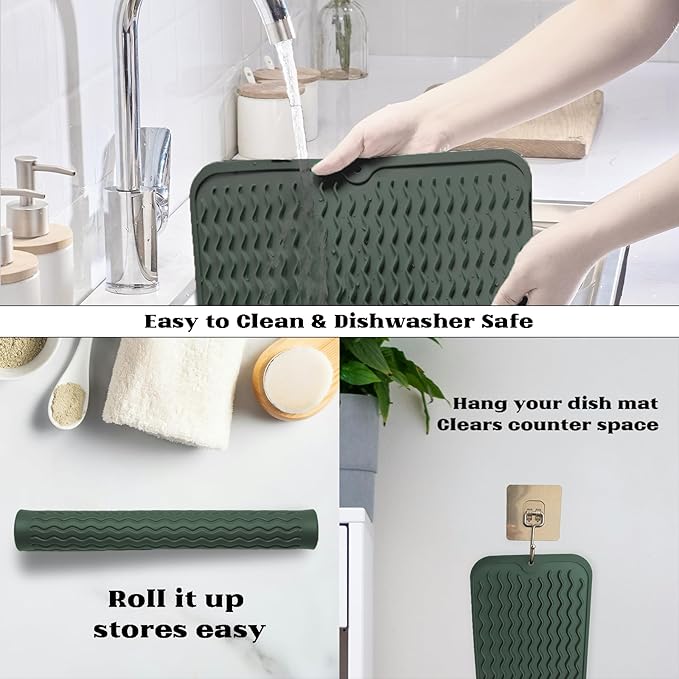 ZLR Silicone Dish Drying Mat 12" x 12" Square - Small Heat Resistant Trivet & Countertop Protector for Air Fryer, Coffee Maker - Waterproof Kitchen Drain Pad for Cups, Fruit (Dark Green) - Image 4