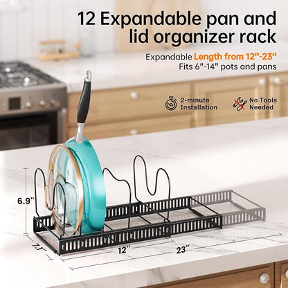 MUDEELA Expandable Pots and Pans Organizer Rack under Cabinet, Pots Lid Organizer Rack for Kitchen Cabinet Organizers and Storage with 12 Adjustable Dividers Cutting Board Holder & Anti-Scratch Strips - Image 2