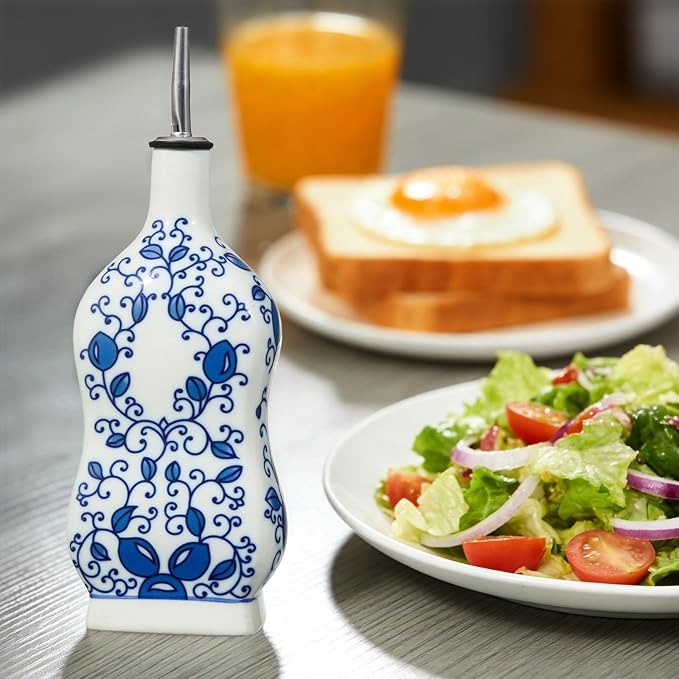 Ceramic Oil Dispenser 16oz, Square Blue and White Olive Oil Bottle with Stainless Steel Spout & Funnel, Leak-Proof Drip-Free Oil Cruet for EVOO, Vinegar, Soy Sauce, Kitchen Use