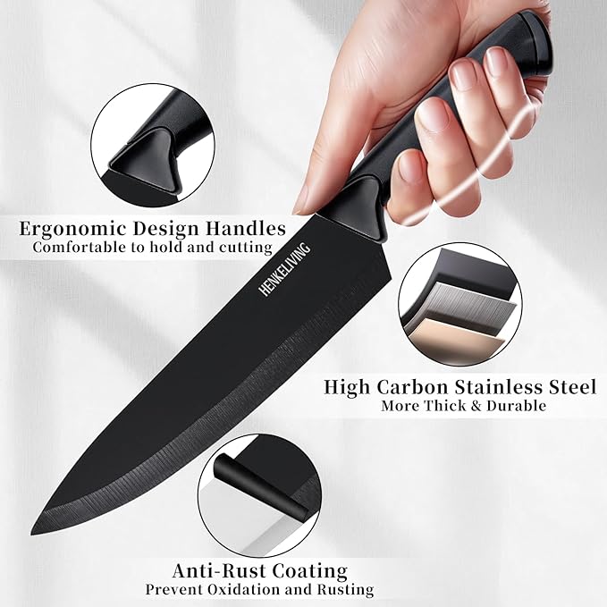 Knife Set, 14-Piece Kitchen Knives Set with Block, Built-in Sharpener, German High Carbon Stainless Steel, Ergonomic Non-Slip Handles, Black - Image 3
