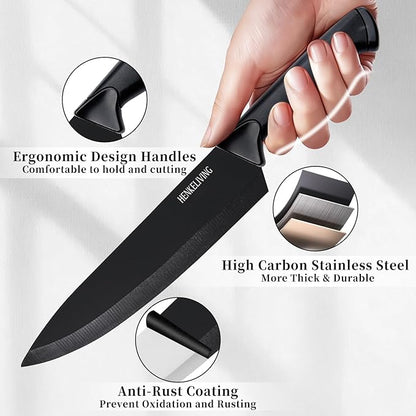 Knife Set, 14-Piece Kitchen Knives Set with Block, Built-in Sharpener, German High Carbon Stainless Steel, Ergonomic Non-Slip Handles, Black - Image 3