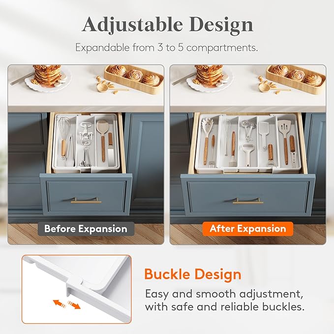 Lifewit Utensil Organizer for Kitchen Drawers, Expandable Cooking Utensil Tray, Adjustable Cutlery Silverware Flatware Holder, Plastic Spatula Tools Storage Divider, 11-18 x 14", White - Image 4
