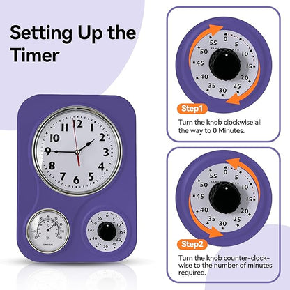 Lily's Home - 9.5 Inch x 12.5 Inch - Retro Kitchen Wall Clock, Vintage Wall Clock with a Thermometer and 60-Minute Timer, Ideal for Any Kitchen, Office, or Diner (Purple)