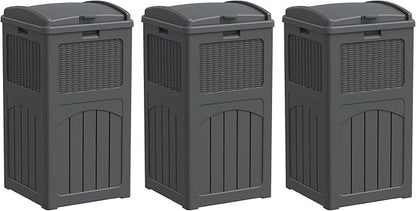 Greesum 33 Gallon Outdoor Trash Can with Lid, Waterproof Resin Garbage Bin for Hideaway, Deck, Patio, 3 Pack, Gray