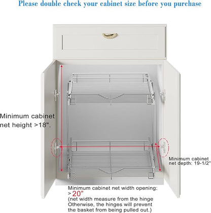 DINDON 2 Tier Pull Out Cabinet Organizer (20" W X 18" D), Double Tier Wire Basket Slide Out Shelf Storage for Kitchen Base Cabinet Organization ​for Kitchen, Pantry, Bathroom, Chrome - Image 4