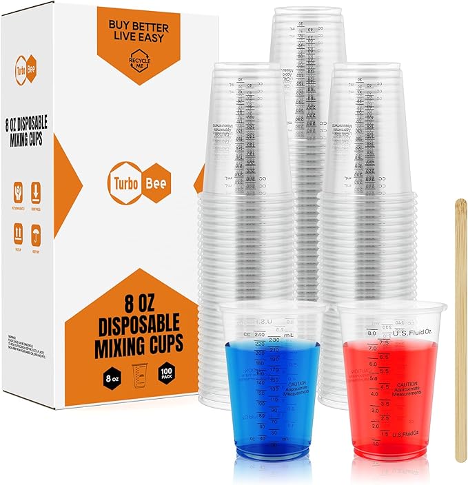 Turbo Bee Plastic Measuring Cups 8OZ,100 PACK Disposable Mixing Cups with 100 Mixing Sticks,Paint Graduated Measuring Tumblers for Epoxy Resin, Paint Mixing, Art DIY by TurboBee