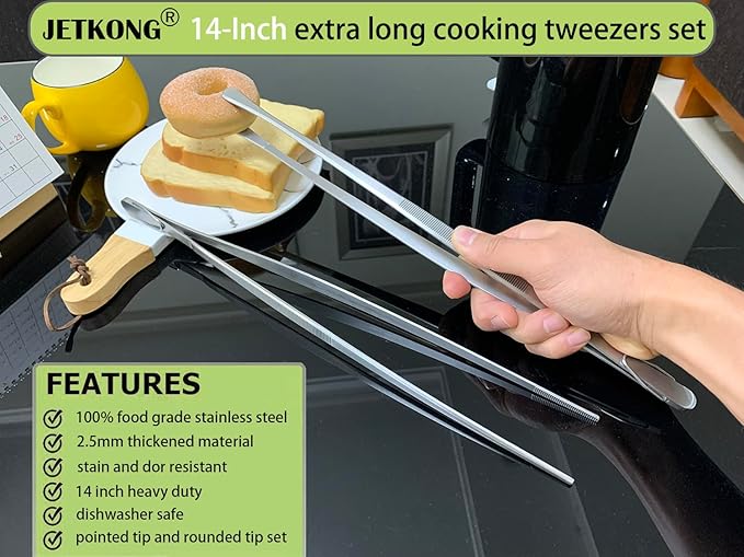JETKONG 2 Pcs 14-Inch Food Tweezers Stainless Steel Tweezer Tongs Extra-Long Cooking Tweezers (Silver) - Image 3