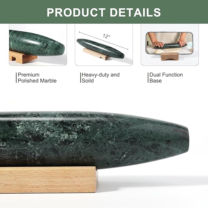 Natural Marble French Rolling Pin,12 inch Kitchen Baking Tool for Baking with Non-Stick Surface, Ideal as a Dough Roller for Pasta, Dumpling, Fondant, Pie, Bread, and Pizza - Image 3
