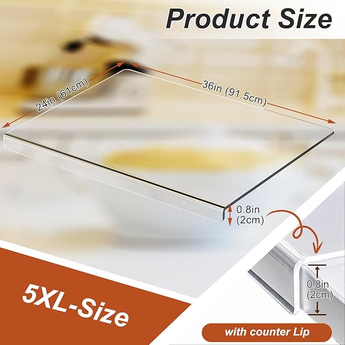 JJL Acrylic Cutting Board with Counter Lip, Anti-Slip, 36 x 24 Inches, Clear – Perfect for Cutting Bread, Meat, and Vegetables, Ideal Choice for Kitchen Countertop Décor
