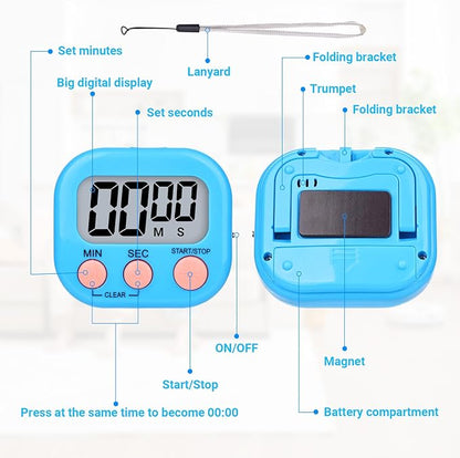 Mwellewm 6 Packs Digital Timers for Classroom Kitchen Timer Small Magnetic Countdown Stopwatch for Cooking Mini Loud Alarm Stop for Kitchen Study Work Baking Sports Games Office Timer Clock