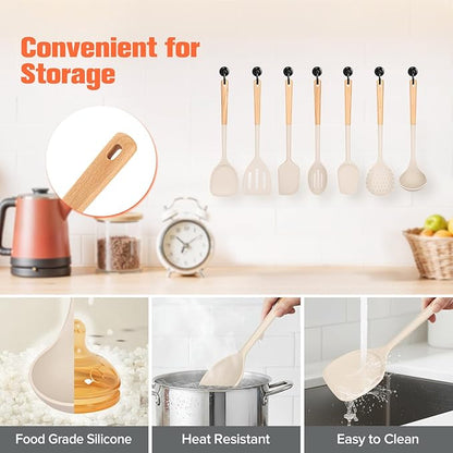 Silicone Cooking Utensils Set of 10 with Wooden Handle,No Scratch for Nonstick Cookware,Slotted Spoon&Spatula,Solid Spoon&Spatula,Large Measuring Ladle,Brush,Rice Paddle,Baking Turner&Flipper (Khaki)