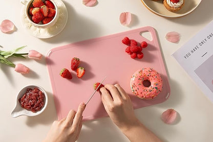 THETCHRY Plastic Cutting Board Set, Pink Cutting Board with Non-slip, Cutting Board for Kitchen Set of 3, Dishwasher Safe, BPA Free, Reversible, with Grip Handle, Pink - Image 5