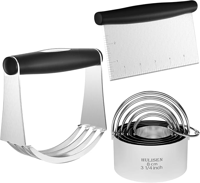 HULISEN Stainless Steel Biscuit Cutter Set, Pastry Scraper and Dough Blender, Sturdy & Long-Lasting with Ergonomic Rubber Grip, Professional Baking Dough Tools, Gift Package (3 Pcs/Set) by HULISEN