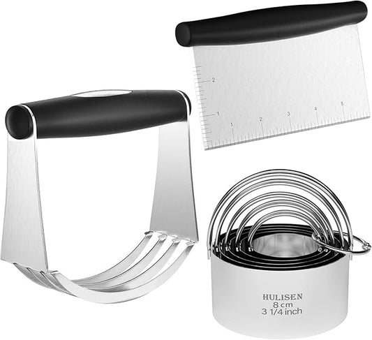 HULISEN Stainless Steel Biscuit Cutter Set, Pastry Scraper and Dough Blender, Sturdy & Long-Lasting with Ergonomic Rubber Grip, Professional Baking Dough Tools, Gift Package (3 Pcs/Set) by HULISEN