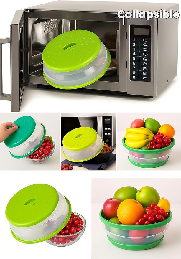 Dependable Industries' 2-in-1 Collapsible Microwave Splatter Guard Cover & Vegetable Washing Colander: The Ultimate Space-Saving Kitchen Essential