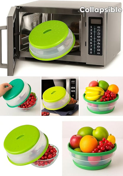Dependable Industries' 2-in-1 Collapsible Microwave Splatter Guard Cover & Vegetable Washing Colander: The Ultimate Space-Saving Kitchen Essential