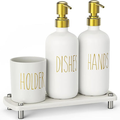 Cisily Kitchen Soap Dispenser Set Comes with Ceramics Sponge Holder, Gold Pumps, and Instant Dry Tray, Hand and Dish Soap Dispenser Set (4, Gold + White + Brush Holder) - Image 9