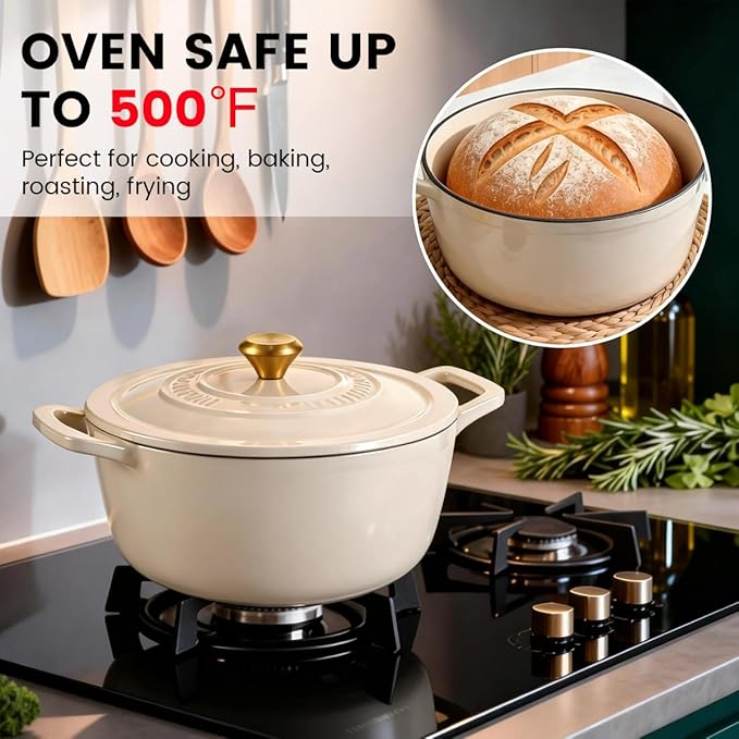 Enameled Cast Iron Dutch Oven - JINCHUFURI 5 Quart Cast Iron Dutch Oven Enameled Oven with Lid for Sourdough Bread Baking, Pre-Seasoned Pot Oven Safe - Image 3