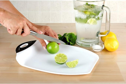 Dexas Chop & Scoop Cutting Board, 9.5 by 13 inches, White with Black Handle - Image 2