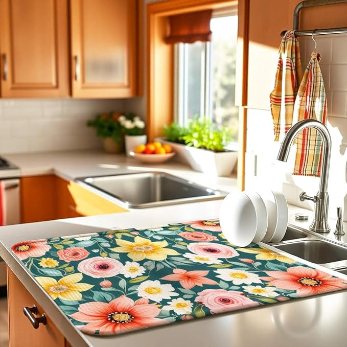 Large Blue Floral Spring Dish Drying Mat for Kitchen Counter 18x24 Microfiber Absorbent - Foldable, Non-Slip, Compact Kitchen XL Drying Mats for Dishes, Countertops, and Cookware - Image 2