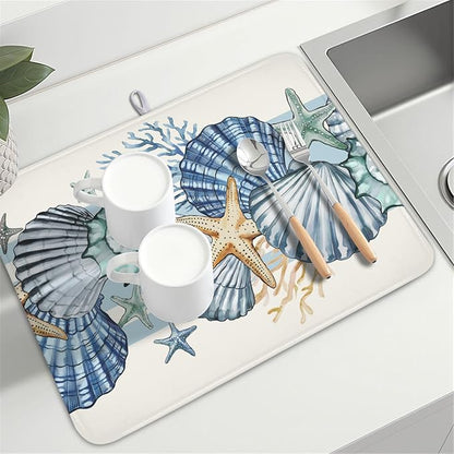 Summer Sea Shell Drying Mat 24x18 Inch, Starfish Drying Mat with Absorbent Reversible Microfiber, Coastal Dish Drainer Mats Holiday Ocean Rack Pad for Coffee Countertop Kitchen Protector