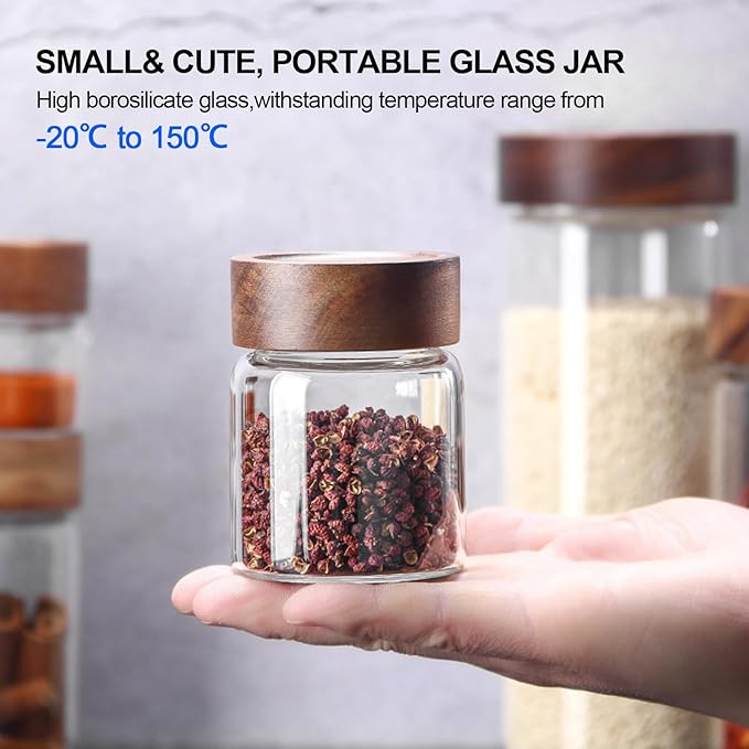 6 pc Glass Spice jars Glass Jars with Screw Lid 5 oz Acacia Wood Glass Herb Sugar Coffee Bean Ground Container Food Storage Canister for Candy Pantry Tea Seasoning Meal Prep Snack (6*150ml(5oz)) - Image 4